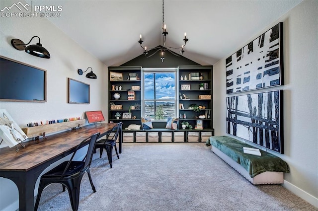 carpeted home office featuring lofted ceiling and a notable chandelier