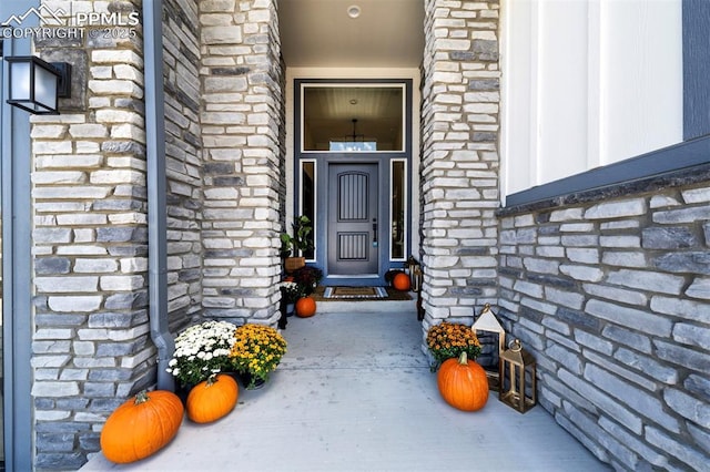 property entrance featuring stone siding