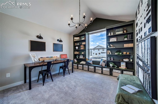 carpeted office with an inviting chandelier, baseboards, and vaulted ceiling