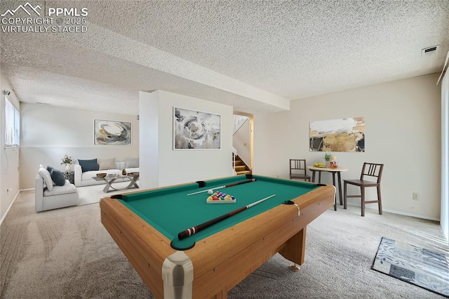2903 E Serendipity Cir, Colorado Springs, CO 80917 - recreation room featuring carpet flooring, pool table, baseboards, and a textured ceiling
