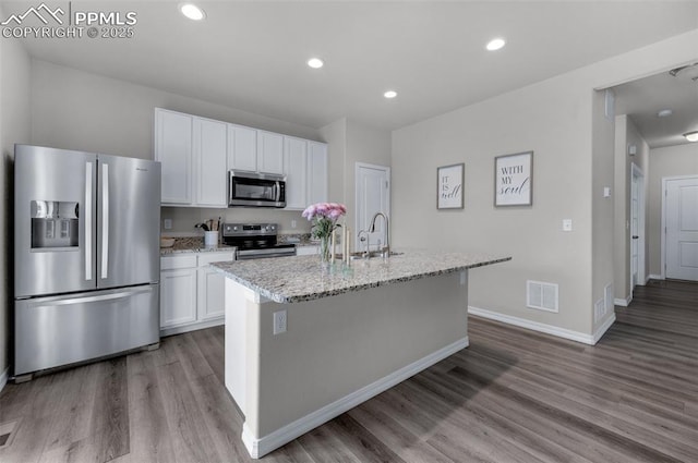kitchen with visible vents, wood finished floors, white cabinets, a sink, and appliances with stainless steel finishes