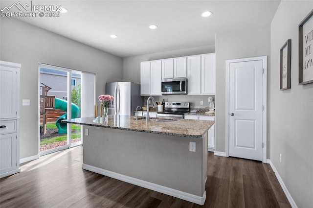 kitchen with dark wood-type flooring, a sink, white cabinets, and stainless steel appliances