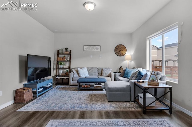 living room with baseboards and wood finished floors