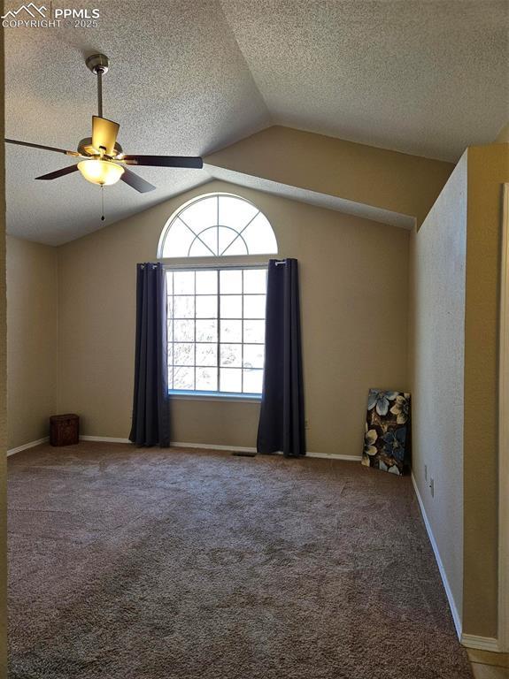 9367 Peaceful Meadow St, Colorado Springs, CO 80925 - carpeted spare room featuring a ceiling fan, vaulted ceiling, and a textured ceiling