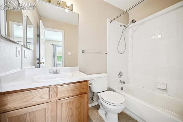 bathroom featuring vanity, toilet, and  shower combination