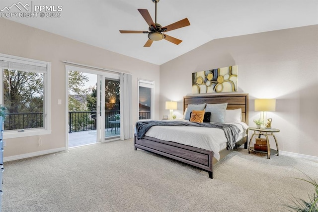 bedroom with baseboards, carpet flooring, lofted ceiling, and access to exterior