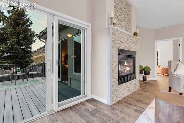 exterior space with a tiled fireplace