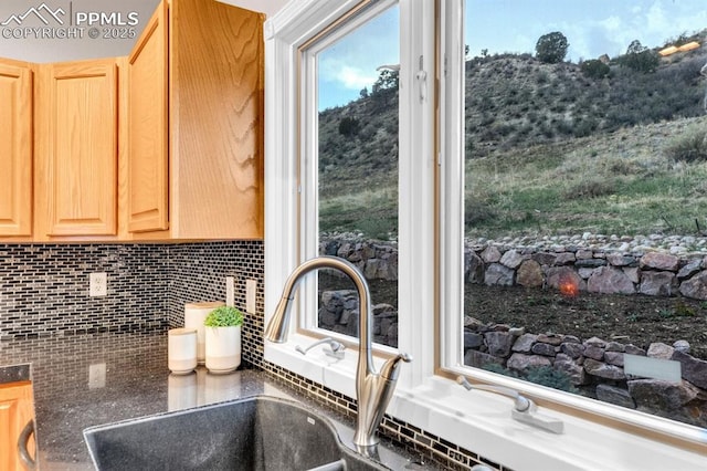 room details with light brown cabinetry, decorative backsplash, and a mountain view