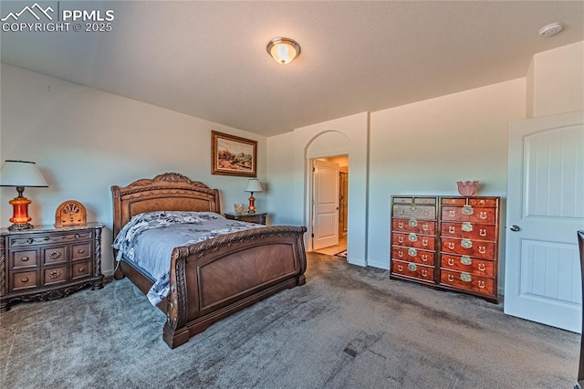 carpeted bedroom featuring arched walkways