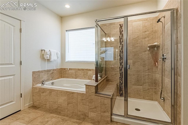 bathroom with tile patterned floors, a garden tub, a stall shower, and recessed lighting