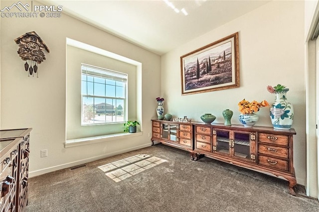 interior space with carpet flooring, visible vents, and baseboards