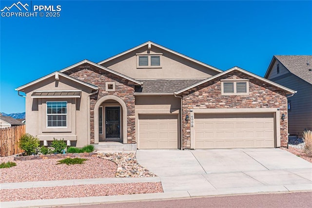 craftsman house featuring fence, an attached garage, stone siding, concrete driveway, and stucco siding