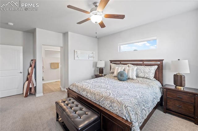 6471 Cisco Kid Way, Colorado Springs, CO 80923 - bedroom featuring baseboards, light carpet, a ceiling fan, and ensuite bath
