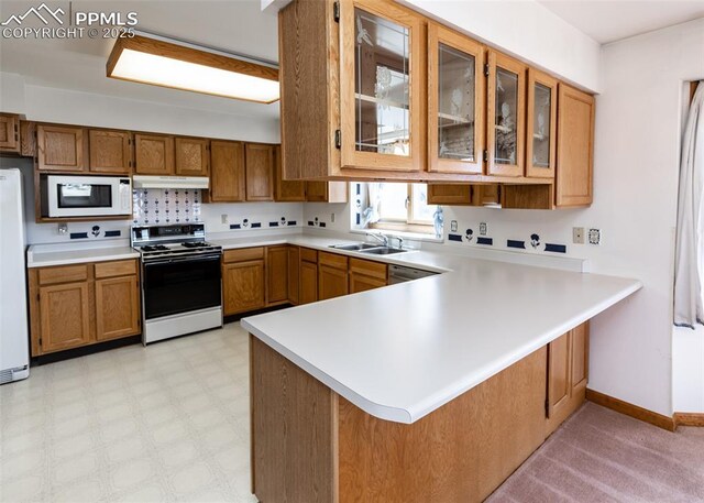 6185 Sayres Rd, Colorado Springs, CO 80927 - kitchen with a peninsula, brown cabinets, under cabinet range hood, and white appliances