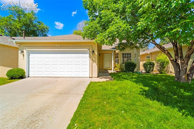 3245 Chestnut Glen Ln, Colorado Springs, CO 80918 - view of front of property with stucco siding, an attached garage, a front lawn, and concrete driveway