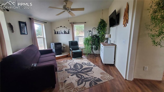 living room with a ceiling fan and wood finished floors