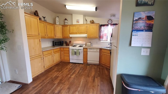kitchen with white appliances, under cabinet range hood, dark wood finished floors, and light countertops