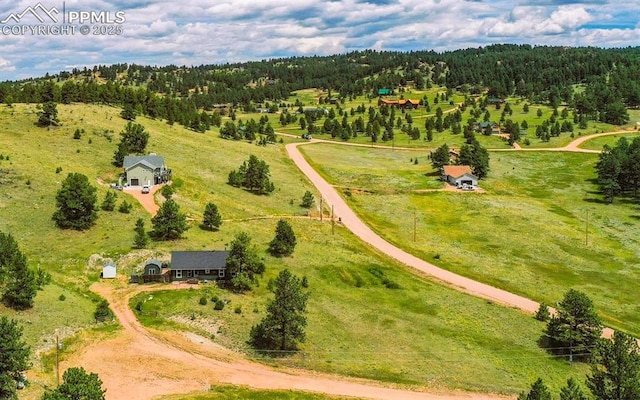 drone / aerial view featuring a view of trees and a rural view