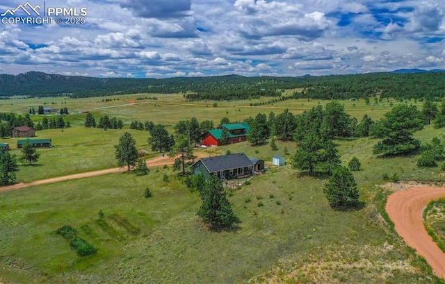 birds eye view of property with a mountain view and a rural view