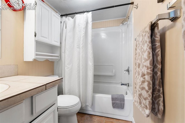 25 Highland St, Colorado Springs, CO 80906 - bathroom featuring vanity, shower / bath combination with curtain, toilet, and tile patterned flooring