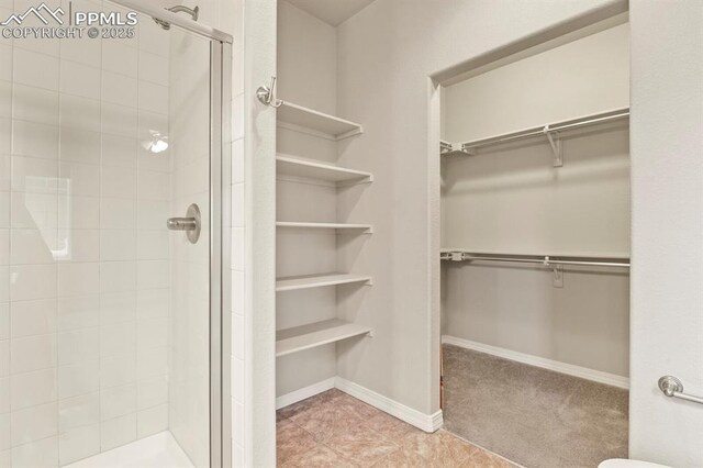 8806 Bella Flora Hts, Colorado Springs, CO 80924 - bathroom with a shower stall, a walk in closet, and baseboards
