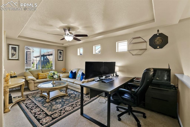 8356 Longleaf Ln, Colorado Springs, CO 80927 - home office with a textured ceiling, a raised ceiling, carpet flooring, and a ceiling fan