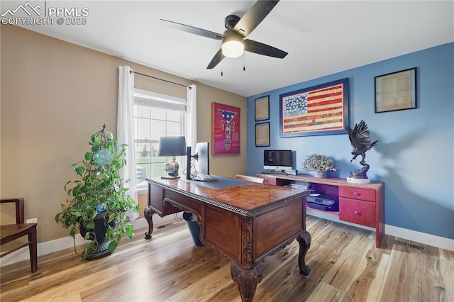 20420 Amanda Ct, Colorado Springs, CO 80908 - home office with ceiling fan, baseboards, and light wood finished floors