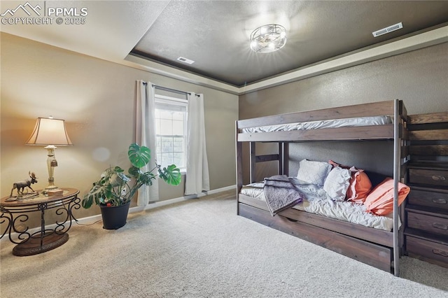 20420 Amanda Ct, Colorado Springs, CO 80908 - bedroom featuring carpet floors, baseboards, a tray ceiling, and a textured ceiling