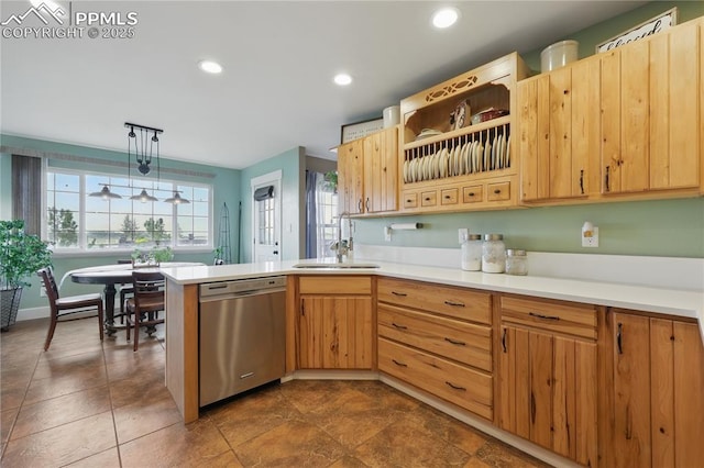20420 Amanda Ct, Colorado Springs, CO 80908 - kitchen featuring stainless steel dishwasher, a peninsula, light countertops, recessed lighting, and a sink