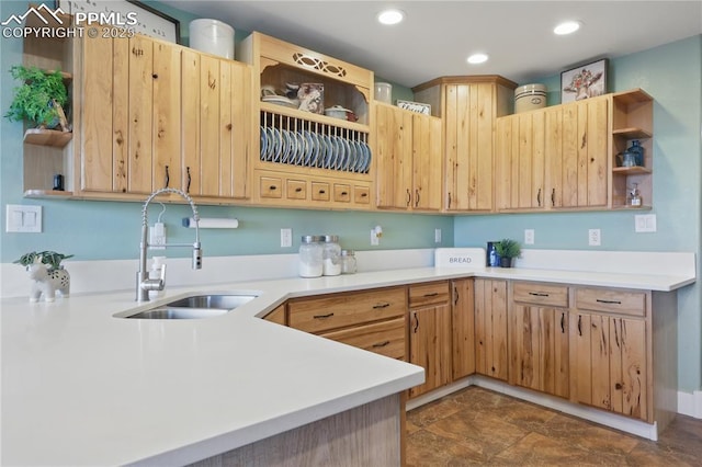 20420 Amanda Ct, Colorado Springs, CO 80908 - kitchen with open shelves, a sink, light brown cabinetry, light countertops, and recessed lighting