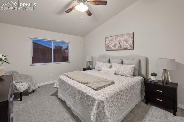 carpeted bedroom featuring a ceiling fan, baseboards, and lofted ceiling