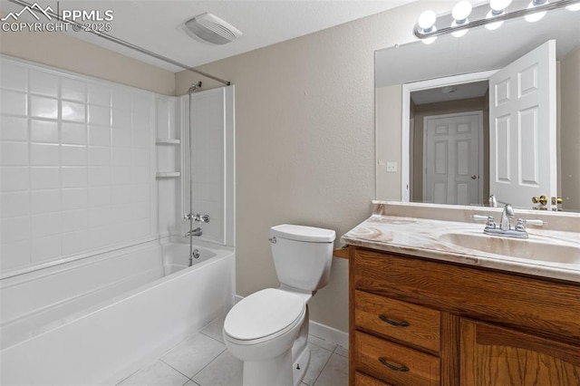full bath featuring vanity, bathing tub / shower combination, toilet, baseboards, and tile patterned floors