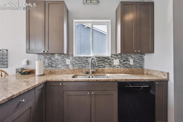 460 S 3rd Ave, Deer Trail, CO 80105 - kitchen featuring dishwasher, a sink, backsplash, and light stone counters