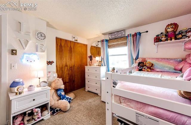 1085 6th St, Limon, CO 80828 - bedroom featuring a textured ceiling, light colored carpet, and a closet
