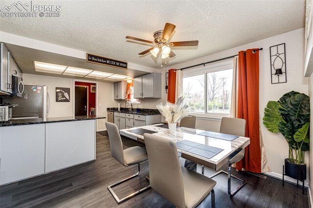 1085 6th St, Limon, CO 80828 - dining room featuring baseboards, a ceiling fan, dark wood-style flooring, and a textured ceiling