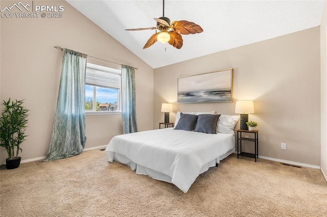 bedroom featuring carpet flooring, baseboards, ceiling fan, and high vaulted ceiling