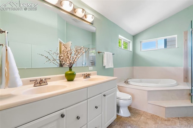 full bathroom with vaulted ceiling, a garden tub, double vanity, toilet, and a shower with shower door