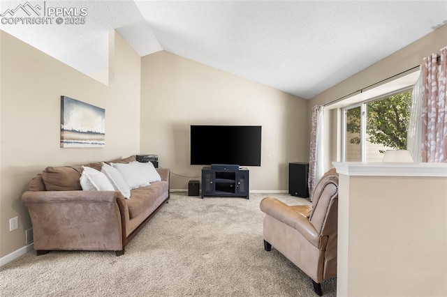 living room featuring lofted ceiling, light colored carpet, and baseboards