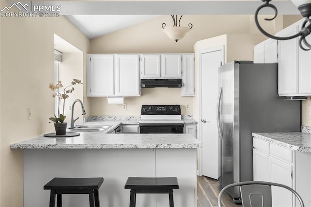kitchen featuring range with electric cooktop, a sink, under cabinet range hood, a peninsula, and freestanding refrigerator