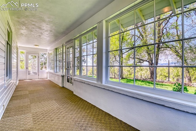 unfurnished sunroom with carpet and french doors