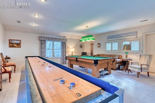 game room with billiards, visible vents, a healthy amount of sunlight, and carpet floors