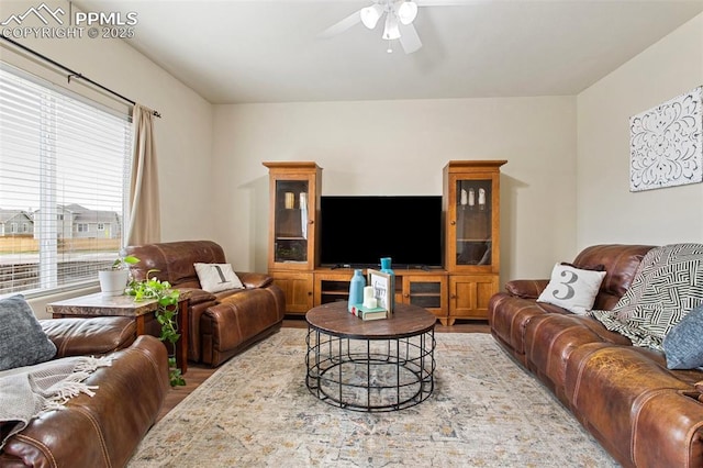 living area featuring a ceiling fan and wood finished floors