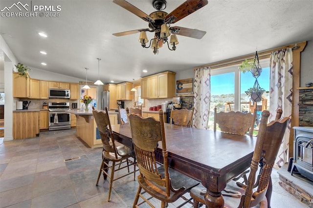 3235 S Meridian Rd, Colorado Springs, CO 80929 - dining space featuring a ceiling fan, recessed lighting, and lofted ceiling