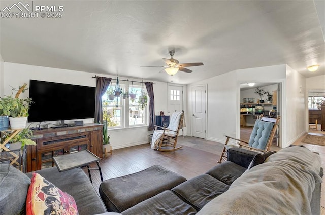 3235 S Meridian Rd, Colorado Springs, CO 80929 - living room featuring baseboards, ceiling fan, hardwood / wood-style floors, and a wealth of natural light