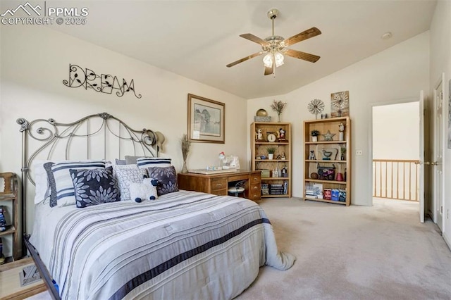 7850 Wilderness Dr, Colorado Springs, CO 80908 - carpeted bedroom featuring vaulted ceiling and a ceiling fan