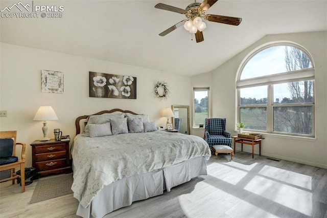 7850 Wilderness Dr, Colorado Springs, CO 80908 - bedroom featuring vaulted ceiling, light wood finished floors, and ceiling fan