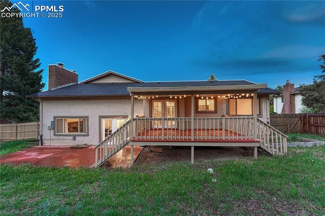 26 Mountain View Rd, Manitou Springs, CO 80829 - rear view of house featuring stairway, a patio, a wooden deck, a chimney, and stucco siding