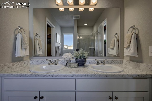 7352 Cornice Pt, Colorado Springs, CO 80923 - bathroom featuring a sink, a walk in closet, a stall shower, and double vanity