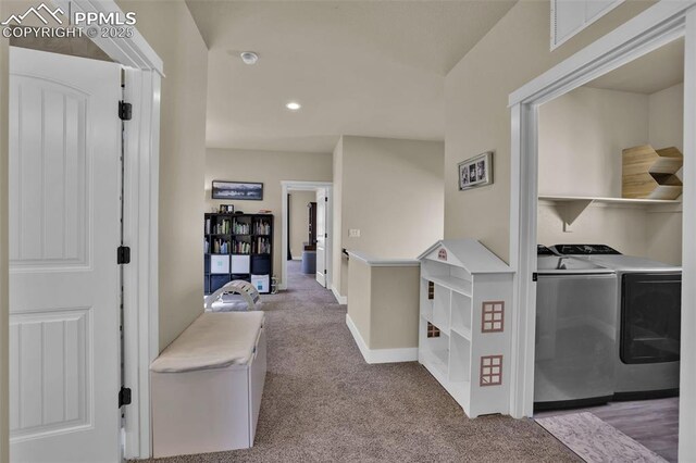835 Redemption Pt, Colorado Springs, CO 80905 - hallway with recessed lighting, baseboards, visible vents, washer and clothes dryer, and carpet floors