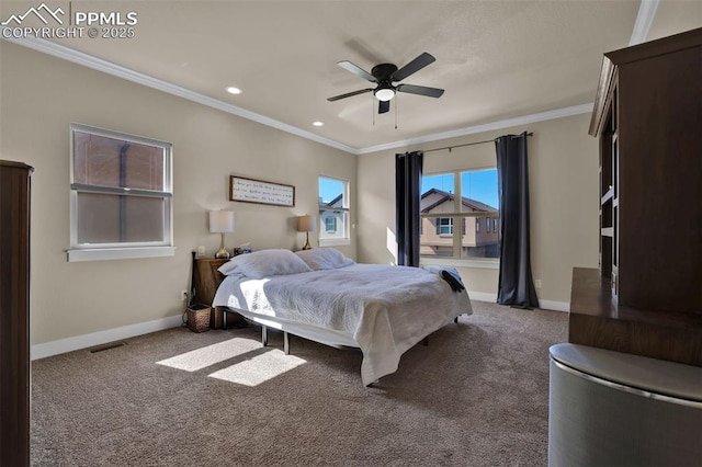 835 Redemption Pt, Colorado Springs, CO 80905 - bedroom with ornamental molding, visible vents, ceiling fan, carpet flooring, and baseboards